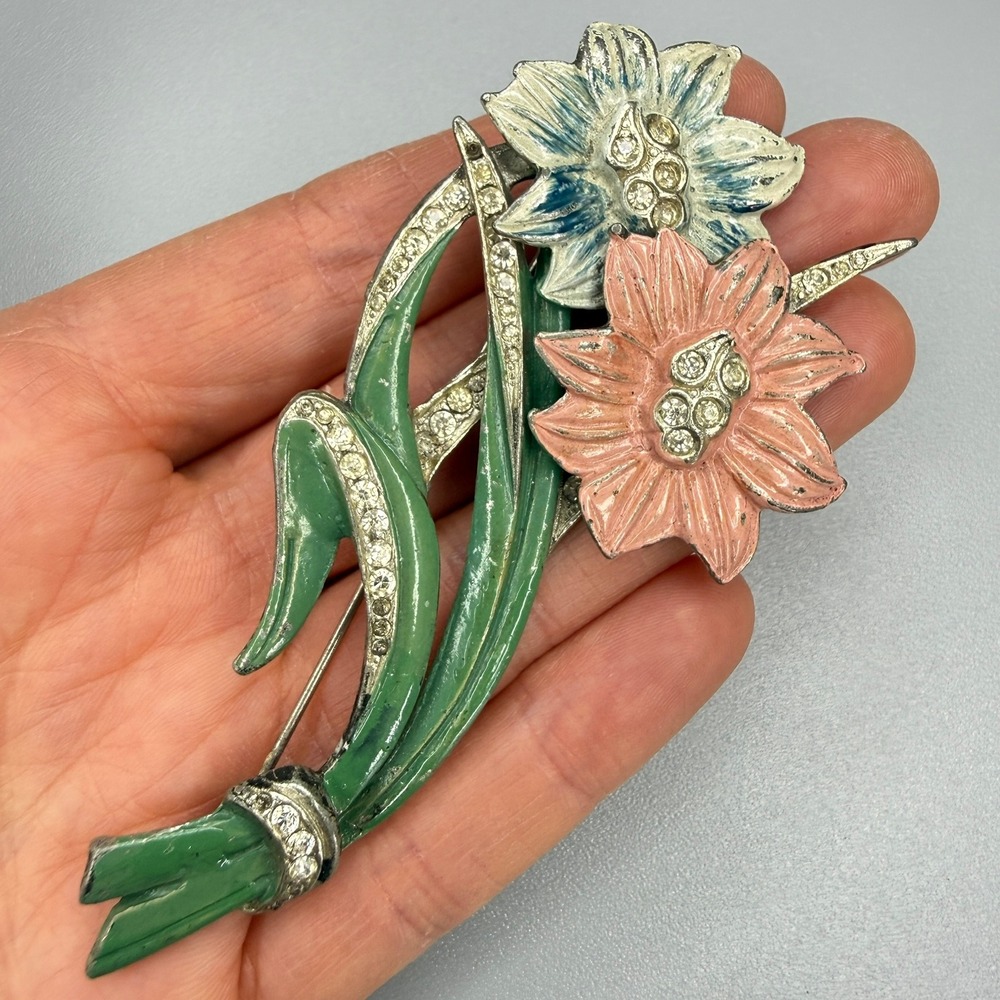 Vintage Pot Metal Enamel Flower Rhinestone Brooch 3.5" Large 1940s WWII Era‎